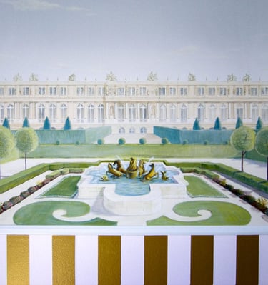 Segment of Kid's mural of Versailles and gardens and a pink and gold striped dado underneath.