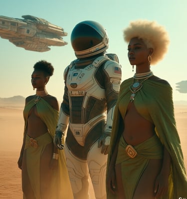 an afrofuturism image of a space explorer and two women