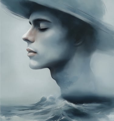 man in hat over ocean waves