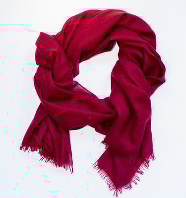 “Luxurious red pashmina scarf with soft fringes, elegantly wrapped in a circle on a bright backgroun