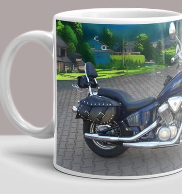 two mugs with a motorcycle and a motorcycle