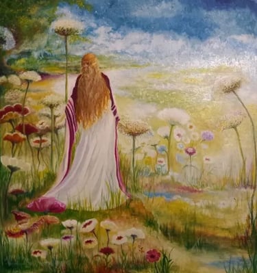 Personnage contemplant de gigantesques fleurs, symbolisant sagesse, humilité et harmonie avec la nat
