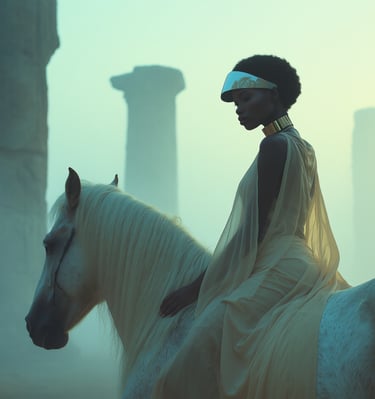 a woman in a white dress riding a horse