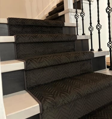 Black herringbone runner carpet installed on staircase with modern look – London ON