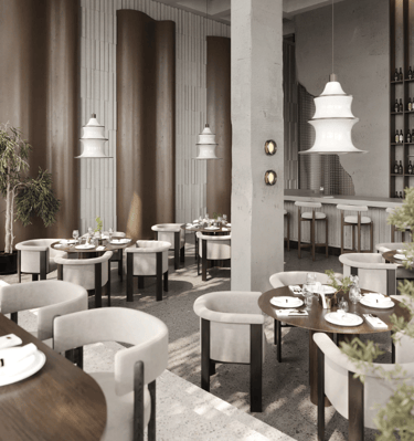 a restaurant with a large table and chairs