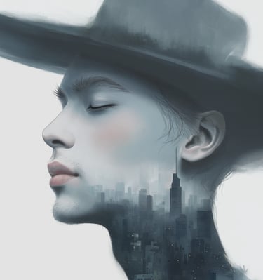 man in hat and cityscape