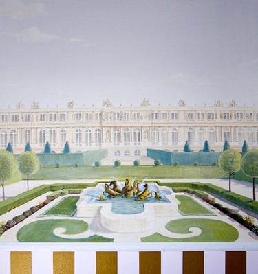 Segment of Kid's mural of Versailles and gardens and a pink and gold striped dado underneath.