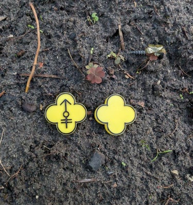 a pair of yellow and black flower shaped numbers on a dirt ground