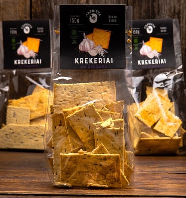 Organic crackers transparent packaging with black labels, handmade illustrations