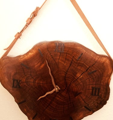 Farmhouse Edged wooden. Epoxy and Leather slab Wall  Art clock.