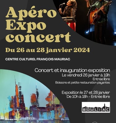 Une affiche d 'exposition de peinture avec un évènement concert