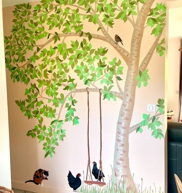 Cerisier été fresque salon particulier client animaux ferme oiseaux peint Fresh Fresque Caen déco