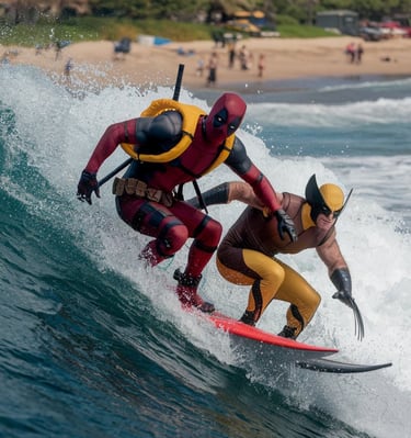 deadpool and wolverine surfing