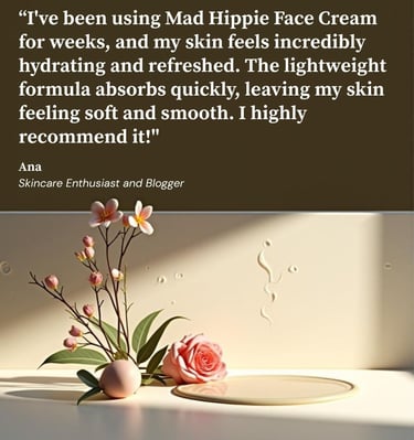 Customer testimonial for Mad Hippie Face Cream with flowers and vase on a soft background.