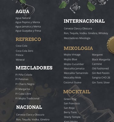 a menu of a bar with a menu listing on it