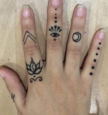jagua tattoo symbols on hand: lotus flower, eye of horus, moon and sun