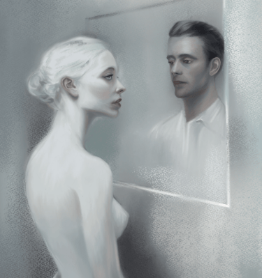 Digital painting of a woman looking in a mirror