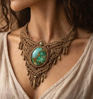 Collar bohemio de macramé hecho a mano con un colgante de piedra turquesa de gran tamaño y detalles 