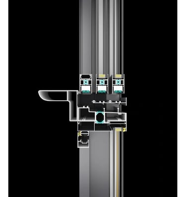 Technical cross-section of a thermal break aluminum window frame profile showing internal insulation.