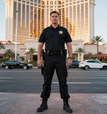 A sharply dressed security guard standing confidently outside a luxury building at dusk.