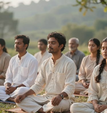 A family enjoying a guided meditation outdoors amidst lush greenery.