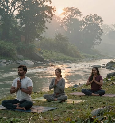 Youth engaged in mantra chanting with focused expressions during a serene session.