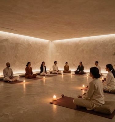Adults participating in a calming sound bath surrounded by soft candlelight.