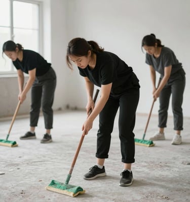 Workers cleaning dust and debris from a newly renovated room in Palma de Mallorca.