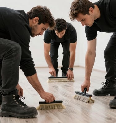 Team of cleaners in blue uniforms tidying up a freshly painted living room.