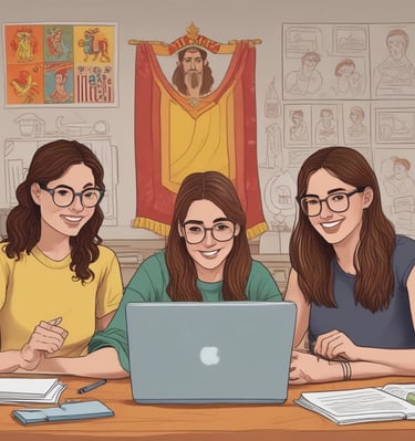 A smiling teacher engaging with a group of diverse students during a live online Spanish lesson.