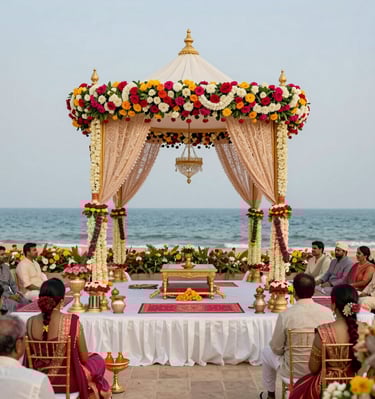 Romantic beachside wedding setup at sunset, with vibrant marigold garlands and a mandap overlooking the sea.