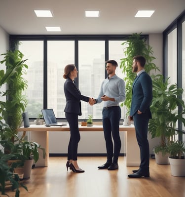 Photo of Márcio consulting a client over digital marketing strategies in a bright office