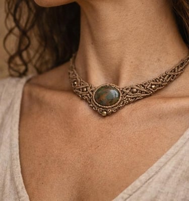 Gargantilla artesanal de macramé bohemio con cabujón de piedra natural y cordón café tejido.