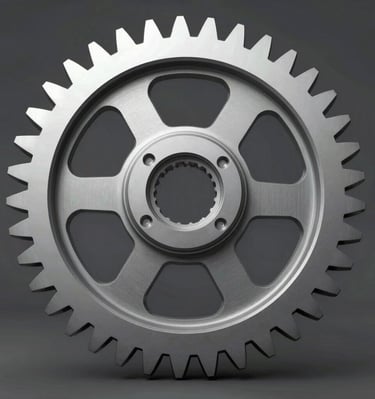A set of helical gears arranged on a metal workbench under bright workshop lights.