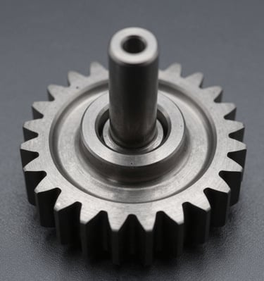 Engineer examining a gear with a magnifying glass in a clean industrial setting.