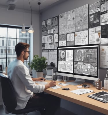 Instructor guiding a small group through a graphic design workshop.