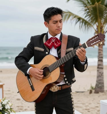 Close-up of musicians passionately playing guitar and violin during a beach wedding