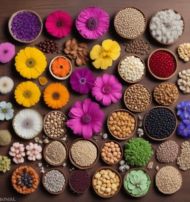 Close-up of colorful flower seeds spilling from a rustic wooden scoop.