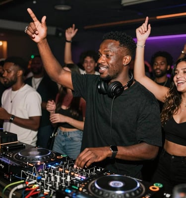 A lively crowd enjoying a live audio stream event with headphones on