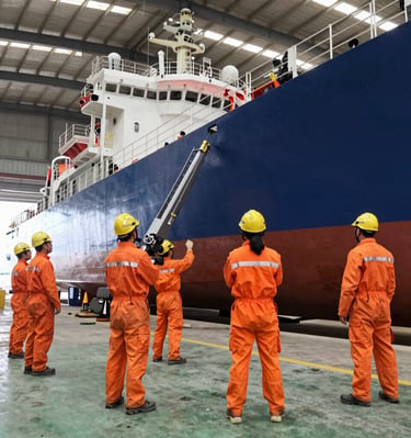 Engineers discussing blueprints beside a sophisticated ship model in a sleek office.
