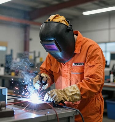 Close-up of skilled hands welding metal parts with sparks flying in a workshop.