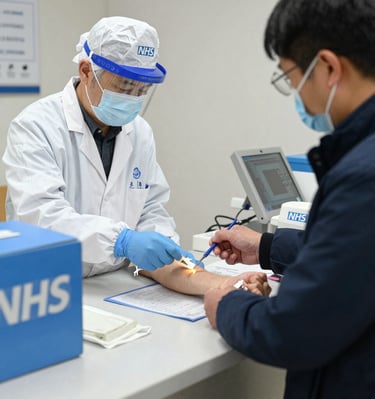 Close-up of a courier securely handling a blood sample container with gloves.