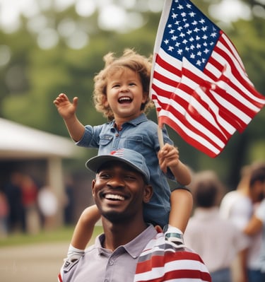 A crowd waving American flags at a Team Maga rally under a bright blue sky.