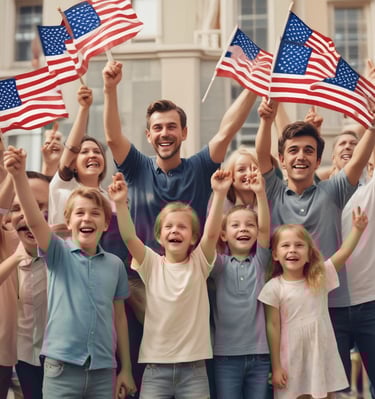 Supporters cheering at a national headquarters event with patriotic decorations.