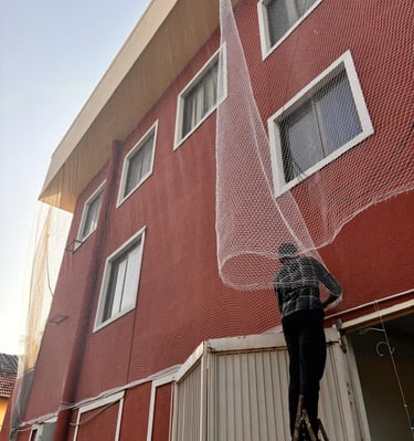 Close-up of a sturdy monkey safety net tightly secured on a balcony in Bengaluru.