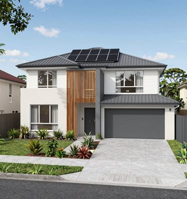 A spacious townhouse with a neat front garden and large windows reflecting a clear blue sky.