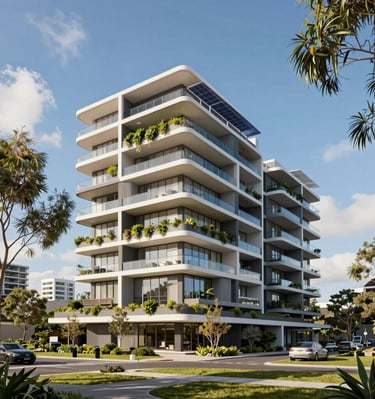 A modern apartment building bathed in warm afternoon light, showcasing clean lines and balconies with greenery.