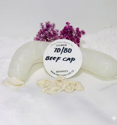 Natural 70/80 caliber beef cap casings for sausage production displayed on salt. five star casing