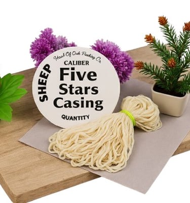 Natural sheep sausage casings on a wooden board with decorative plants and Five Stars brand label.