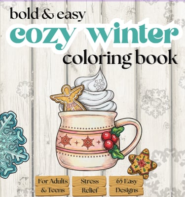 Bold and easy cozy winter coloring book for adults featuring a hot cocoa mug and gingerbread cookies.